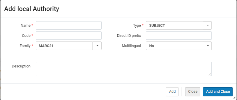 Add Local Authority screen enabling users to add a "Subject" Local Authority Vocabulary