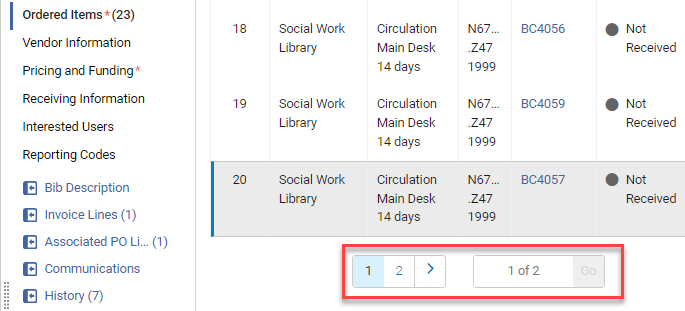 The pagination buttons for ordered items.