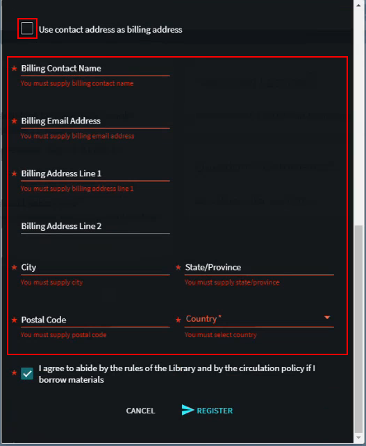 The contact billing fields on the self registration form.