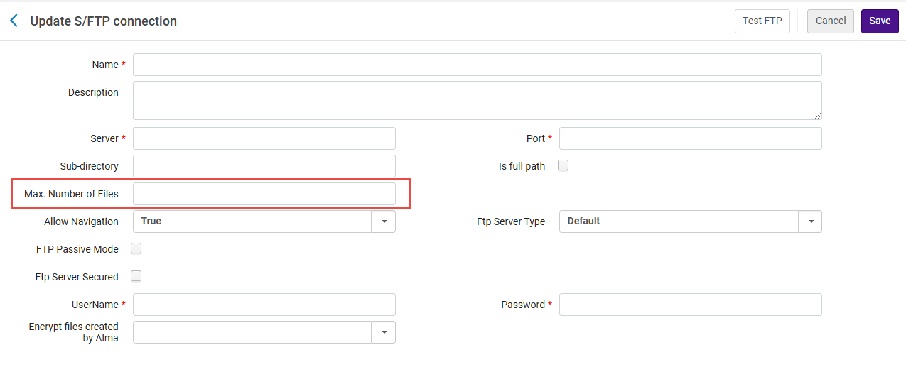 FTP Configuration - Max. Number of Files field displayed