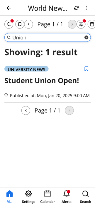 Newsfeed Search implemented on Android, showing the search string "union" and the one item in the newsfeed that contains the string.