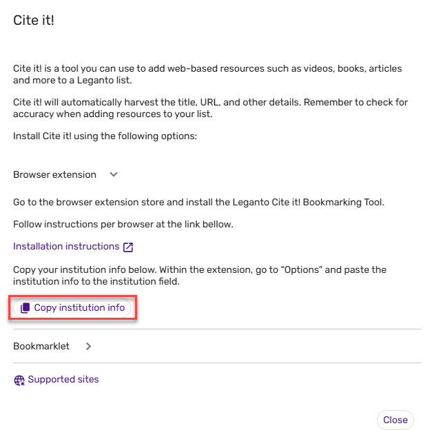 The Cite it institution info.