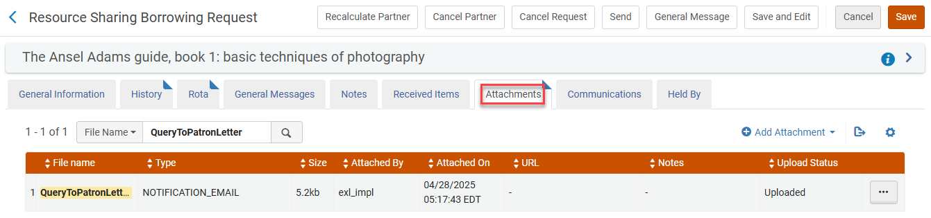 The query attachments list.