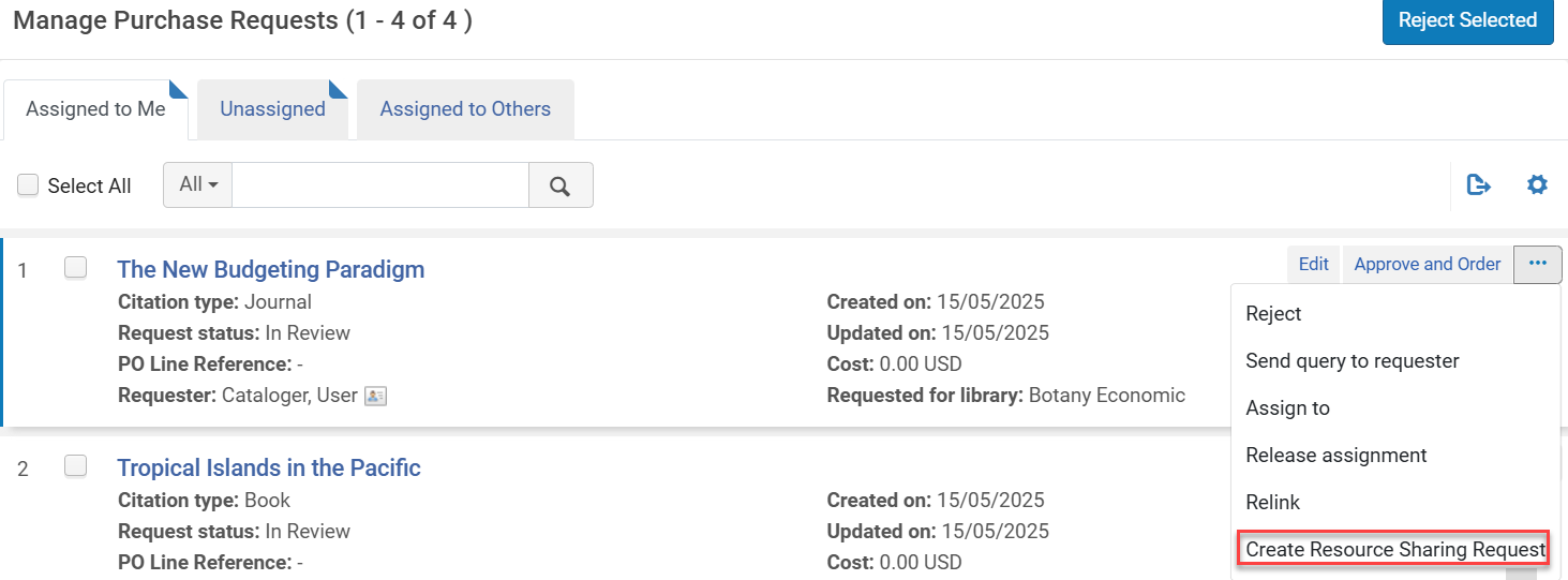 The Create Resource Sharing Request option for a purchase request.