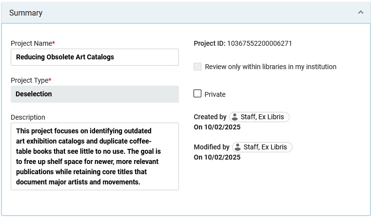 The Summary section of a deselection project.