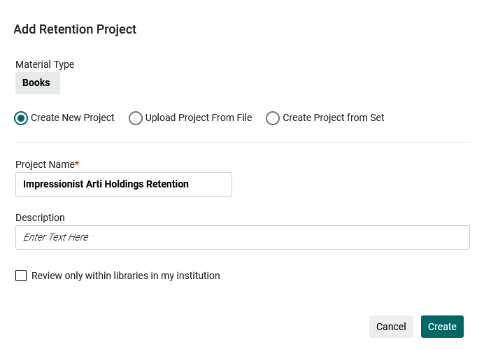 Add Retention Project scrreen.