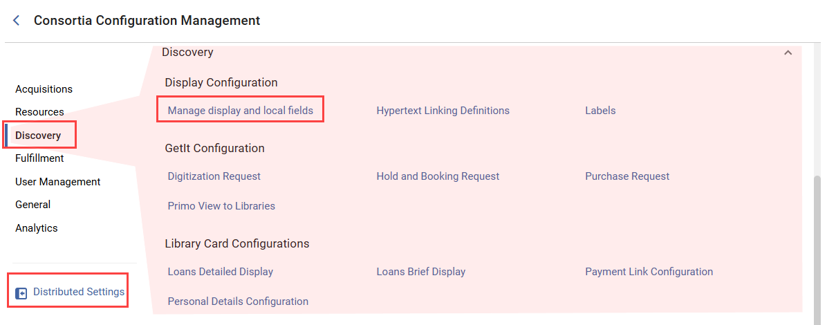 Consortia Discovery configuration in the Consortia Central Configuration Dashboard; centralized field management is under Manage display and local fields.