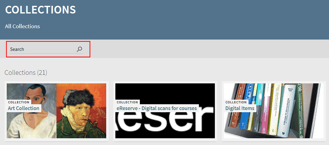 The Primo VE Collections Library SearchBox.