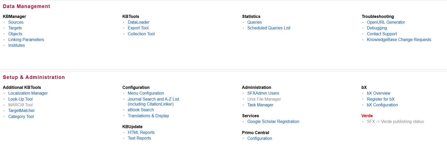 The SFX admin center main menu.