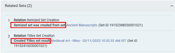 An itemized set and Created Titles set in the Relations section.