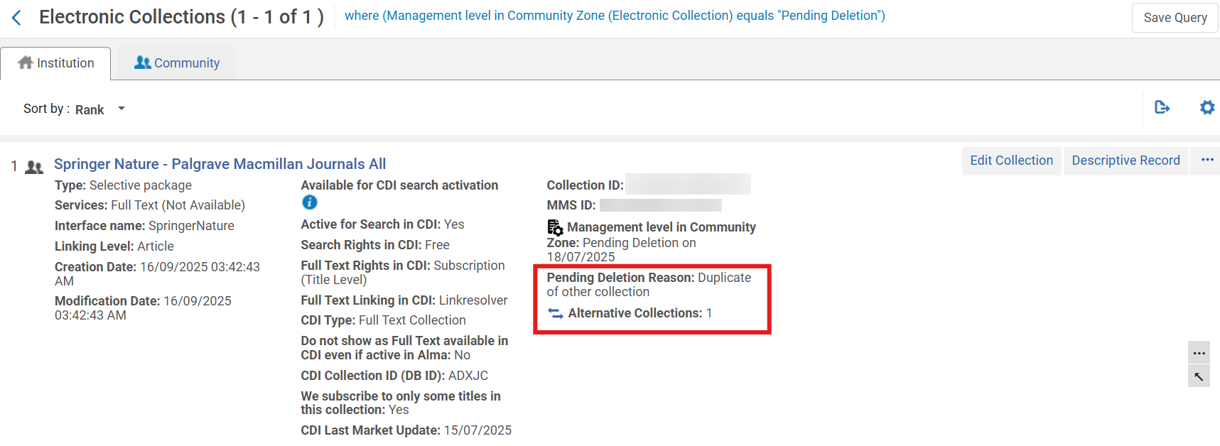 Pending Deletion Reasons and Alternative Collections.
