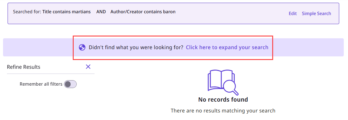 "No records found" search result, with a notification offering to expand the results.