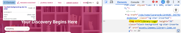Screenshot of a webpage and its HTML source code shown side-by-side. On the left, the webpage features a pink background with white text reading "Your Discovery Begins Here" and a navigation bar with options like "RESEARCH ASSISTANT" and "JOURNAL SEARCH." A pop-up titled "On Charisma" displays metadata for an image labeled "Library Logo." On the right, the browser's developer tools highlight the HTML code for the logo image, showing its source URL, alt text, and height attribute. The image provides context for analyzing web accessibility and content structure.
