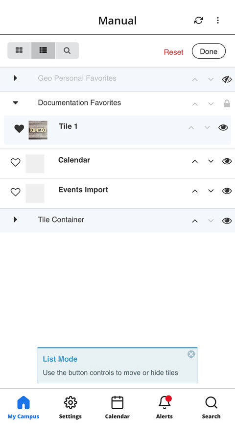 List view of the selection of tiles for the Favorites Container