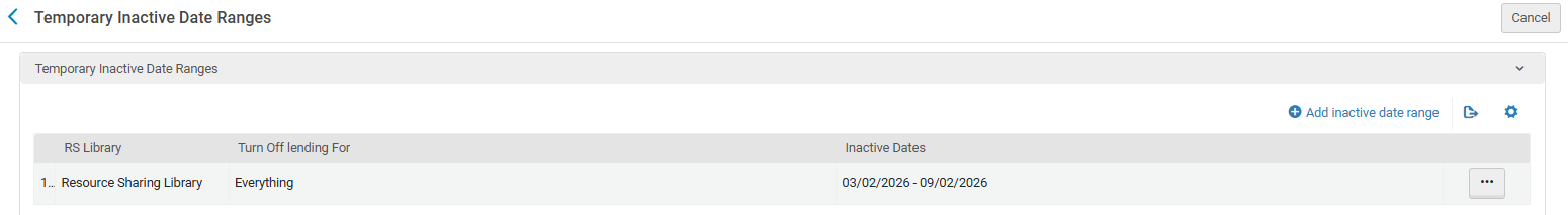 The Temporary Inactive Date Ranges page.