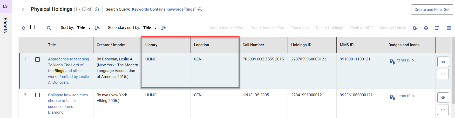 The table view with the library/location code.