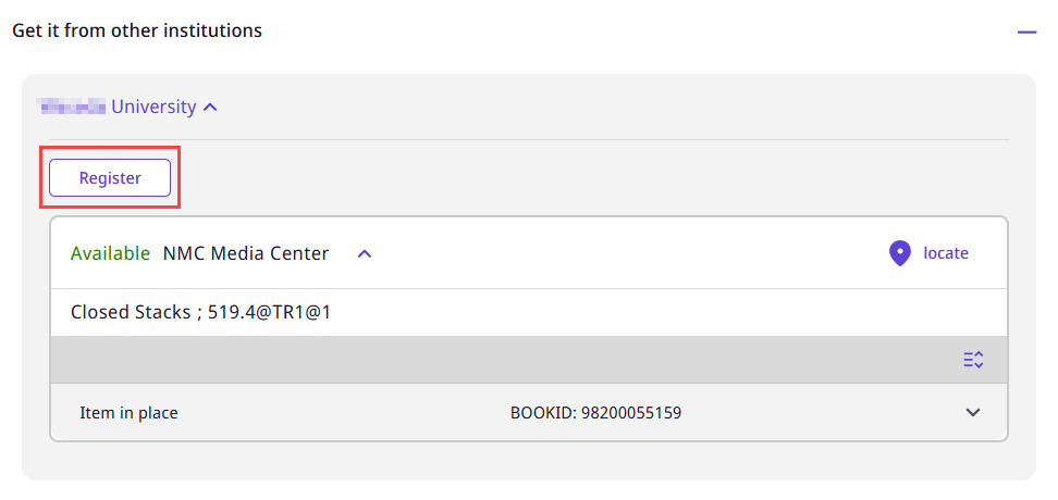 Register button in the Get It at Other Institution section of the Full Display.