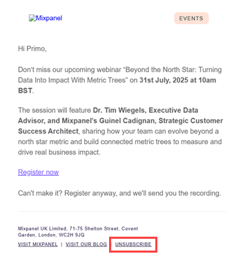 Unsubscribe link at the bottom of an Email from Mixpanel.