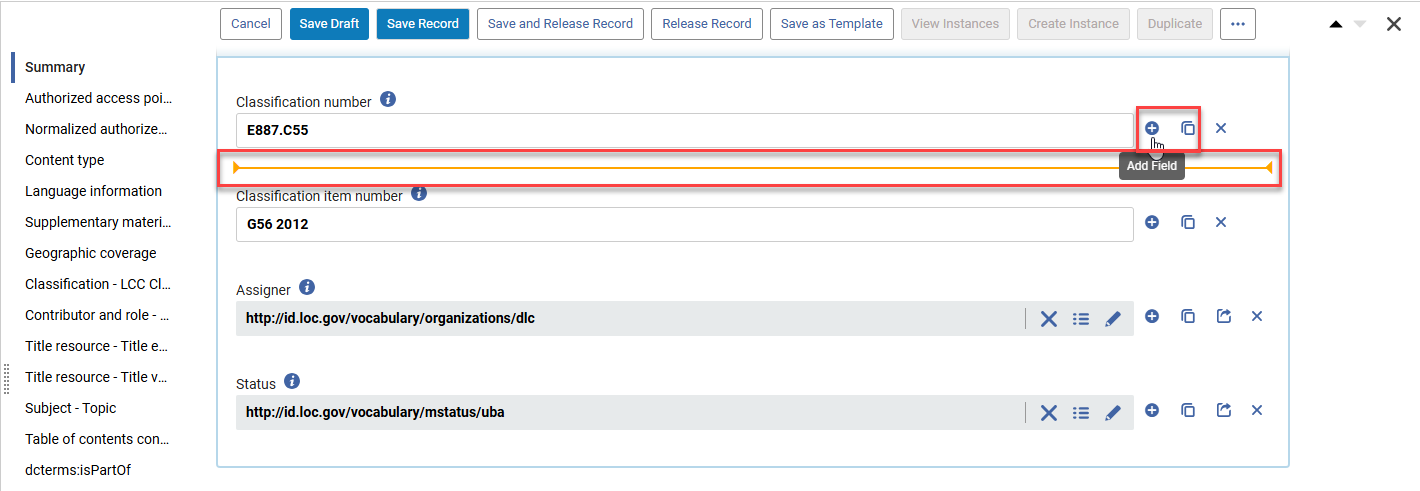 Horizontal indicator when adding/duplicating a field.