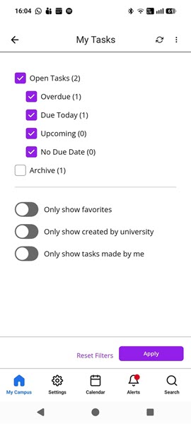 The mobile view of task filters.