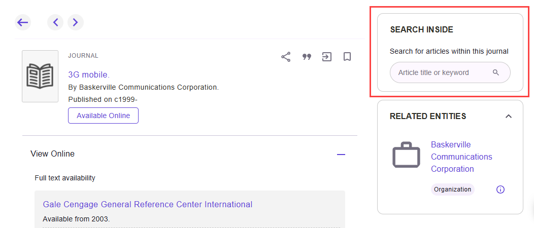 Search Inside option in the full display of a Journal record.