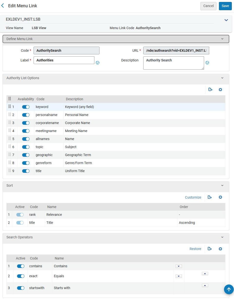 Authority Search configuration settings.