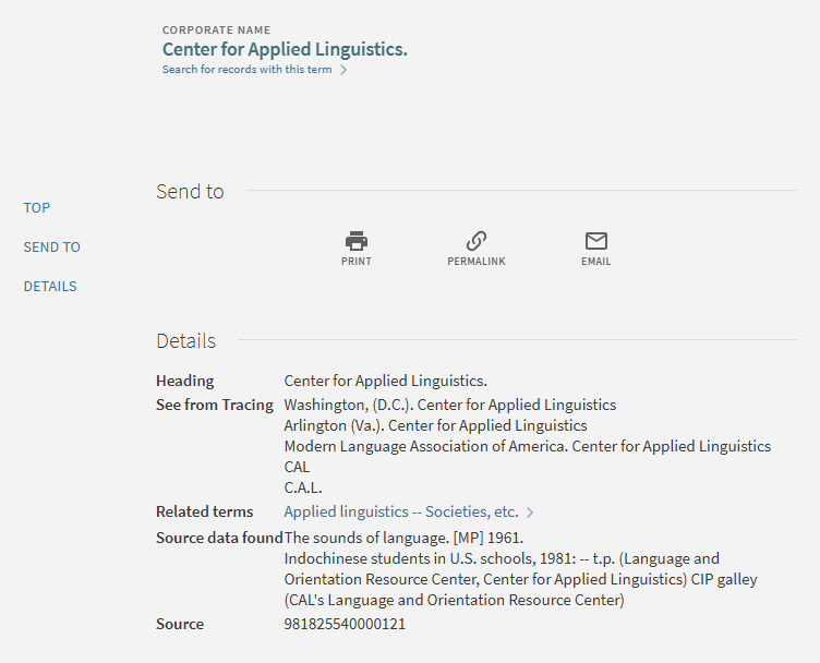 Authority Details Page for a Corporate Name in the Original UI.