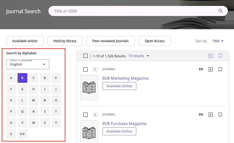 Journal Search by Alphabet, with the initial-letter selector in the side panel, the letter "B" selected, and search results for journals whose name begins with the letter "B" shown..