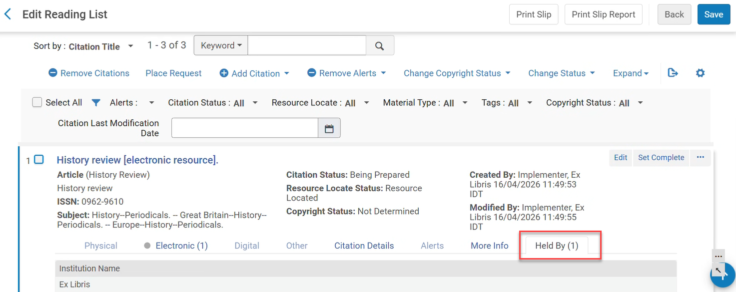The Held By tab for a citation.