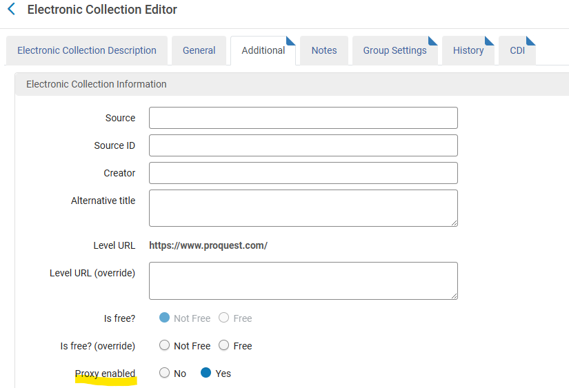 Alma Electronic Collection Editor settings in the Additional tab, with "Proxy enabled" selected.
