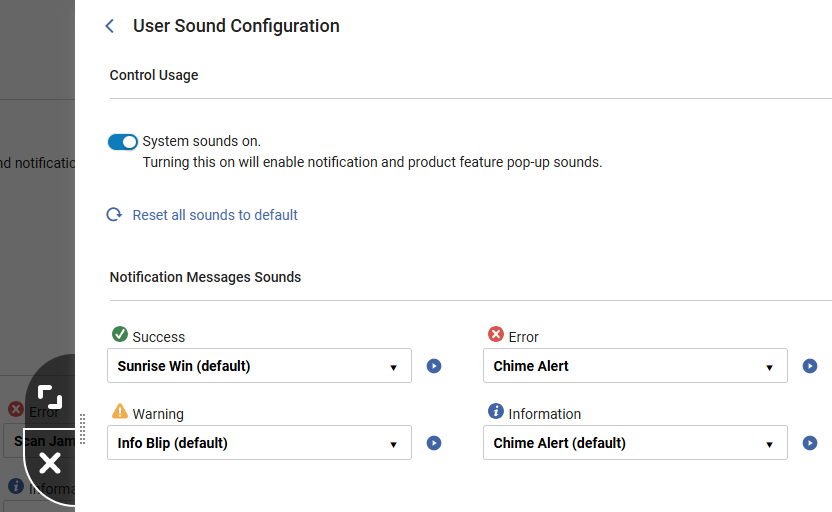 The user level area for sound configuration.