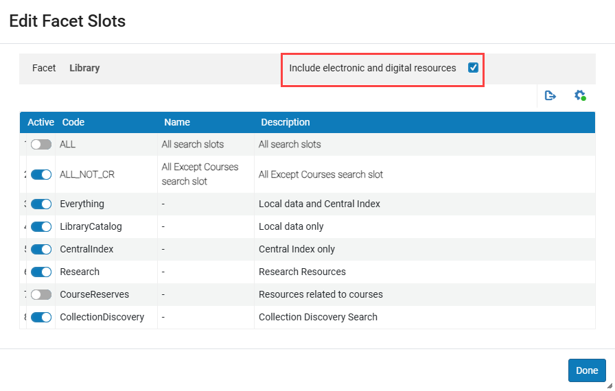 Edit Facet Slots page for configuring the Library facet.