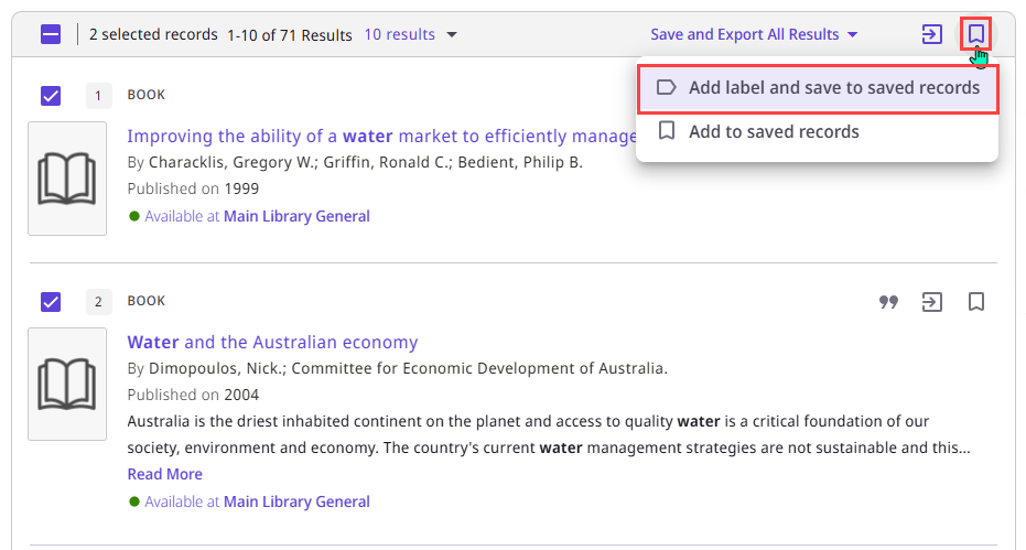 The menu that opens when the user selects the "Add to Saved Records" option from the Brief Results page.