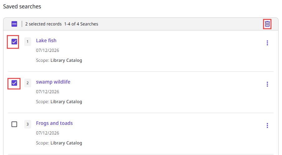Multiple Saved Queries selected, in preparation for deleting them in bulk.
