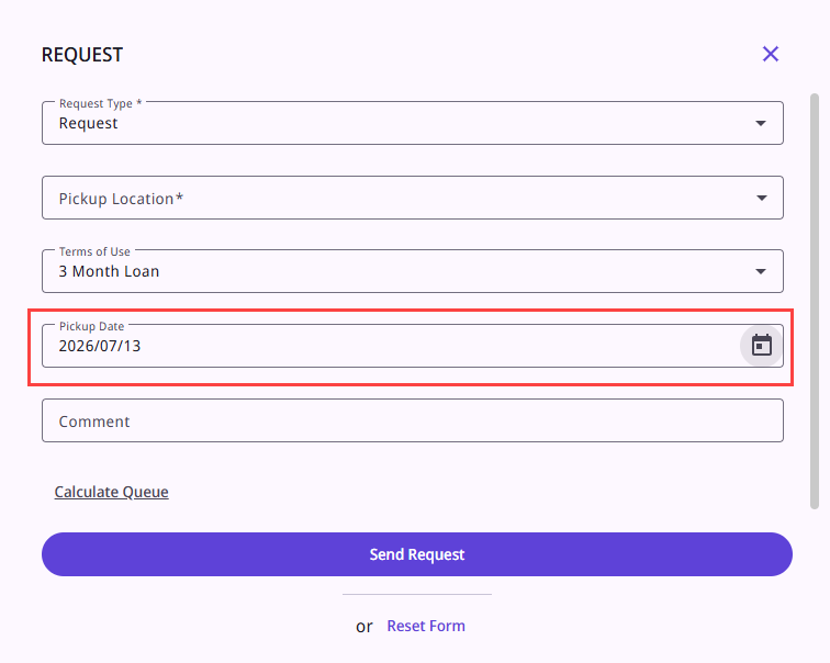 Pickup Date field in a Holding Request Form, with the date autofilled.