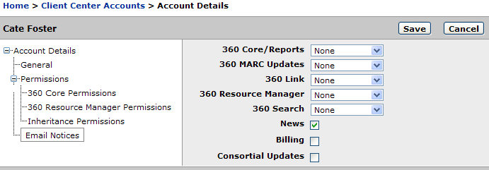 Client Center Account Details - Email Notices