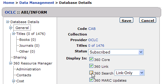 Database Display Details - Display-In Search