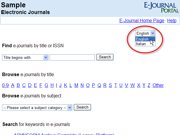 Sample E-Journal Portal with Language Drop-Down Menu
