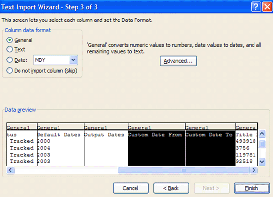 Text Import Wizard Step 3, Dates
