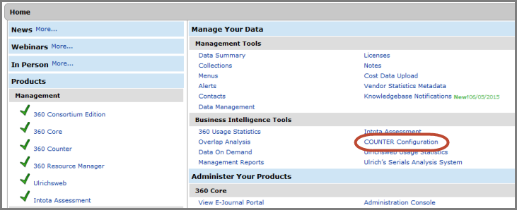 COUNTER Configuration link on Client Center home page