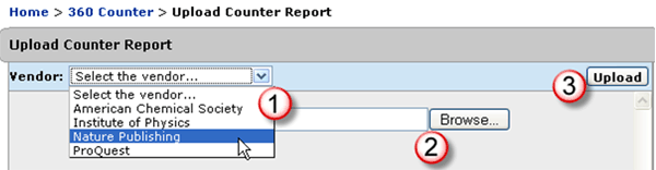 360 Counter: Upload Counter Report page, annotated