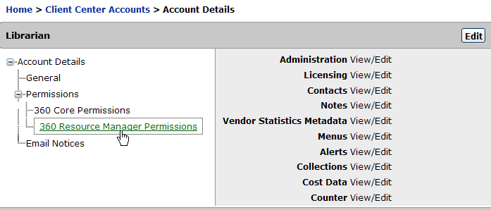Accounts Details - 360 Resource Manager Permissions