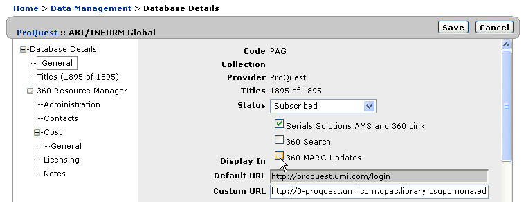 Database Details - Display in 360 MARC