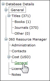 360 Resource Manager Database Details page navigation