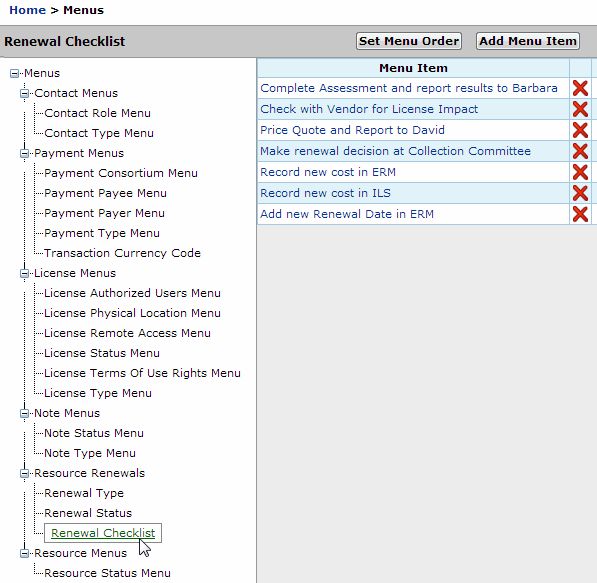 360 Resource Manager - Menus Page - Renewals Checklist