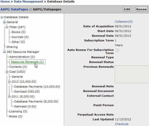 360 Resource Manager - Database Details - Resource Renewals Link