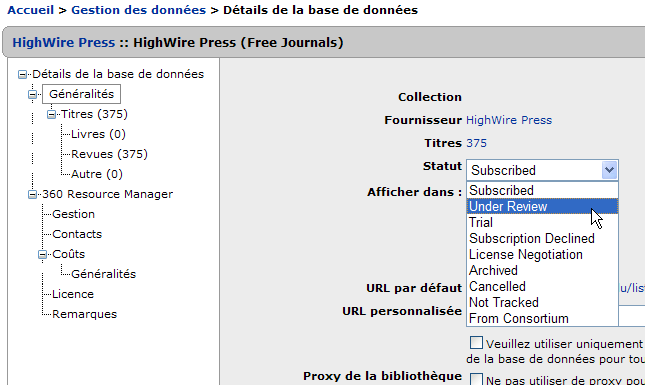 Database Details - French Interface - Status Dropdown
