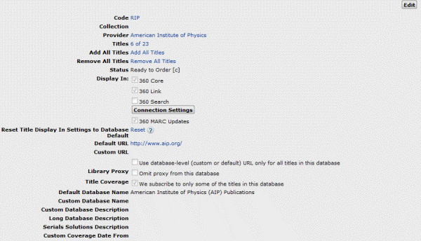 General Fields on Database Details Page