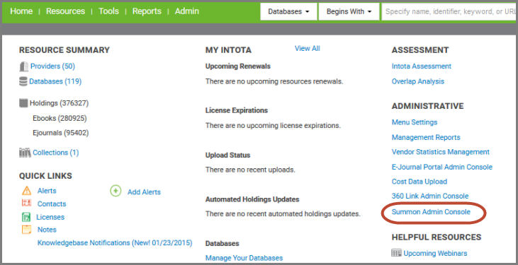 Summon admin console link in Intota