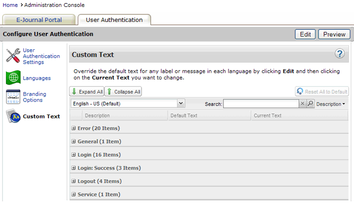 User Authentication - Admin Console - Custom Text